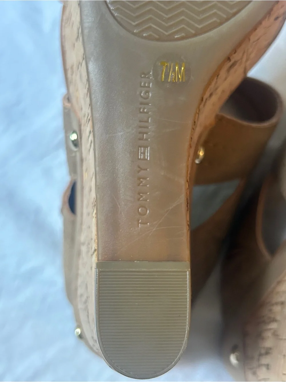 NWOT Tommy Hilfiger Tan Crisscross Cork Wedge Sandals with Gold Logo Accent
